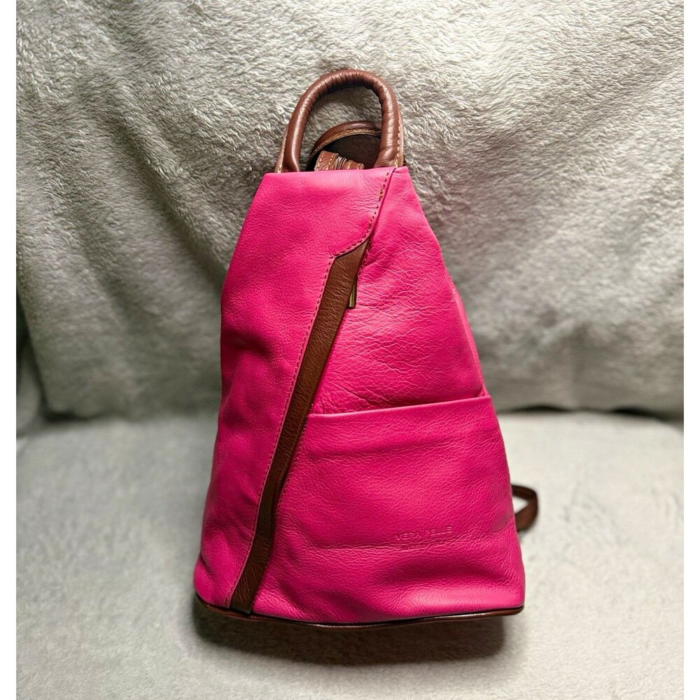 Vera Pelle Italy Pink Brown Leather Pebbled Convertible Sling Backpack Multi Zip
